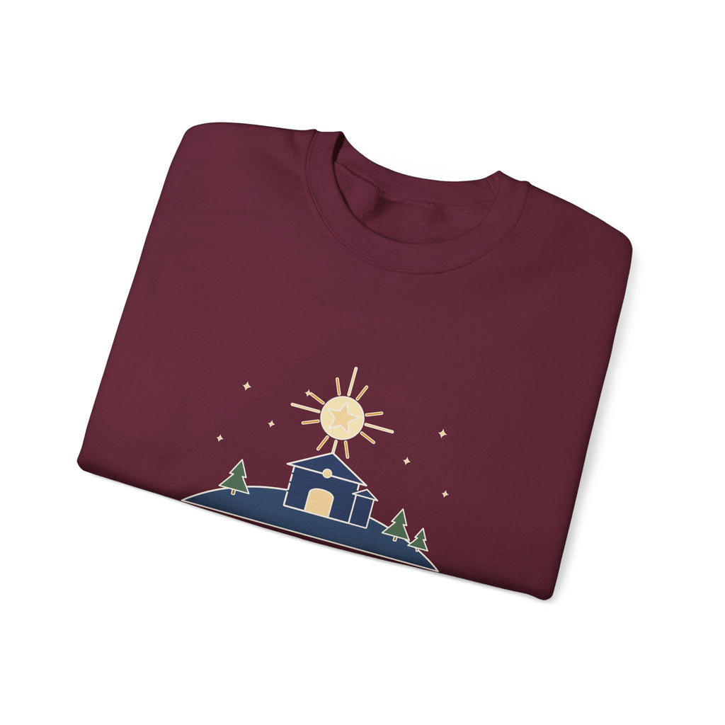 The Stars Are Brightly Shining Sweatshirt, Christmas Cappeau Quote Crewneck with Star over Stable