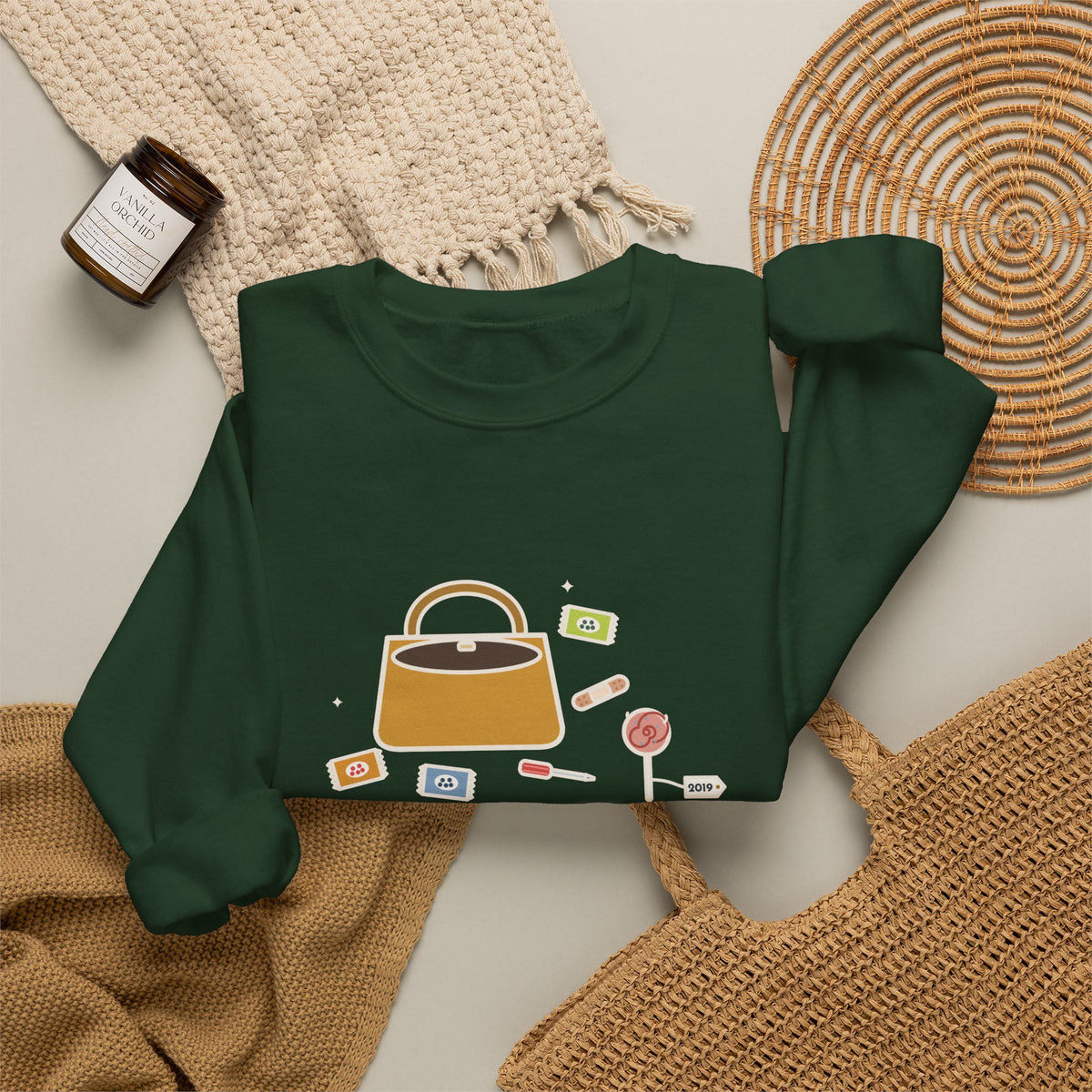 Mom Sweatshirt, Mom's Purse, Three Snacks, a Bandage, a Screwdriver and a Very Old Lollipop, Funny Purse Flat-Lay Crewneck