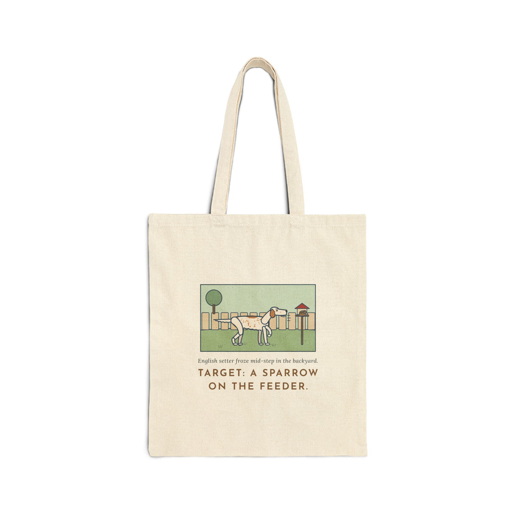 English Setter Tote Bag, Froze Mid-Step in the Backyard, Target Was a Sparrow on the Feeder, Backyard Feeder