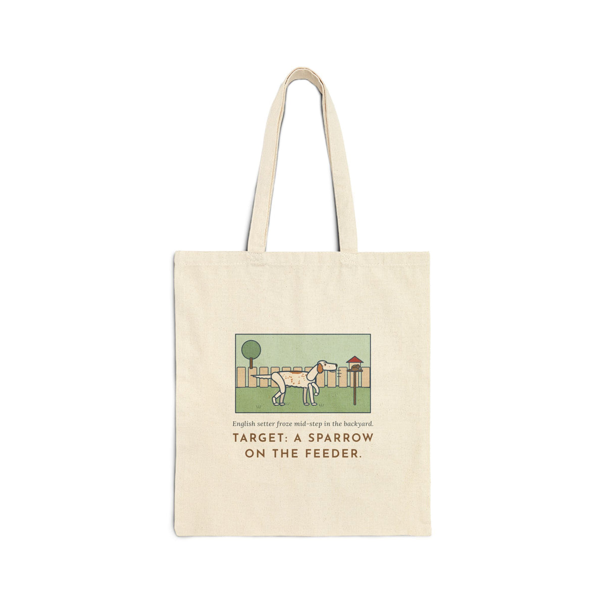 English Setter Tote Bag, Froze Mid-Step in the Backyard, Target Was a Sparrow on the Feeder, Backyard Feeder