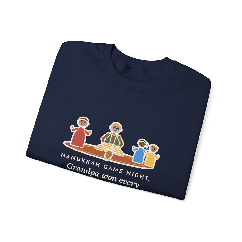 Hanukkah Game Night Sweatshirt, Grandpa Won Every Chocolate Coin with a Dreidel Older Than Mom, Funny Living Room Rug Crewneck