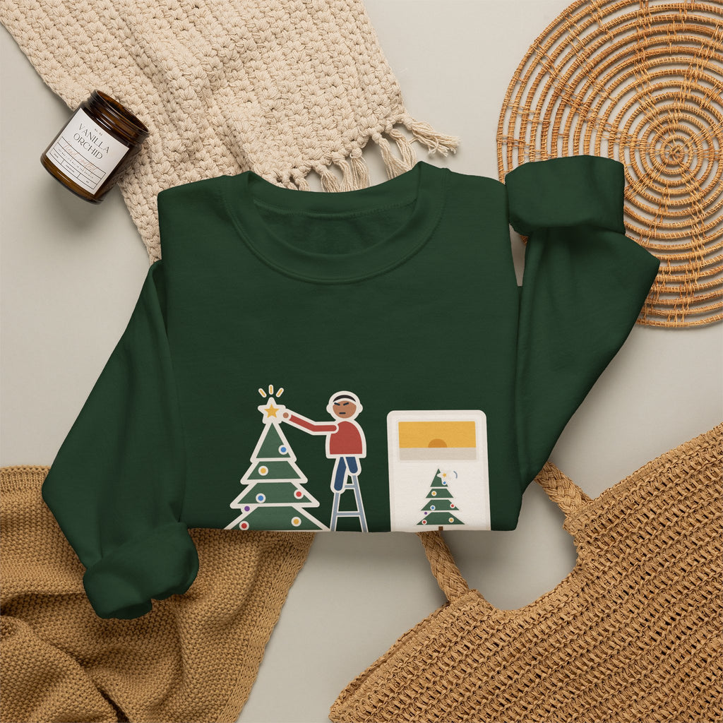 Christmas Tree Star Sweatshirt, Twenty Minutes on the Ladder Getting It Straight, Leaned Again by Morning, Funny Ladder and Star Crewneck