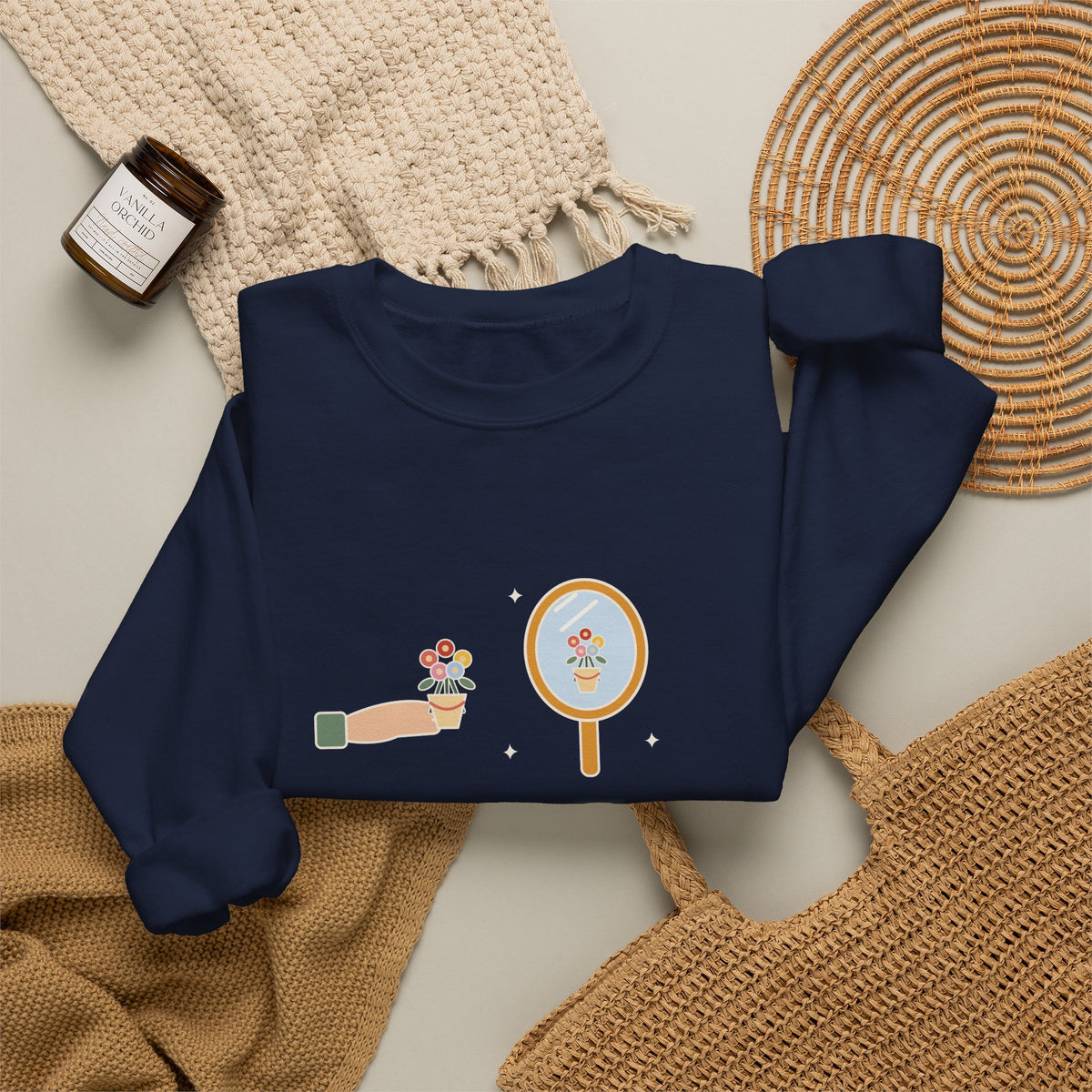 To Love Oneself Is the Beginning of a Life-Long Romance Sweatshirt, Self-Love Oscar Wilde Quote Crewneck with Mirror Bouquet