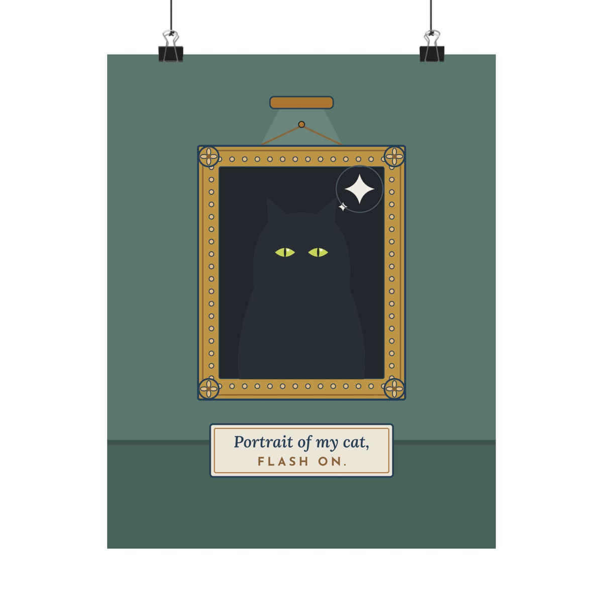 Black Cat Poster - Portrait of My Cat, Flash On. Gallery Frame Wall Art for Black Cat Owners