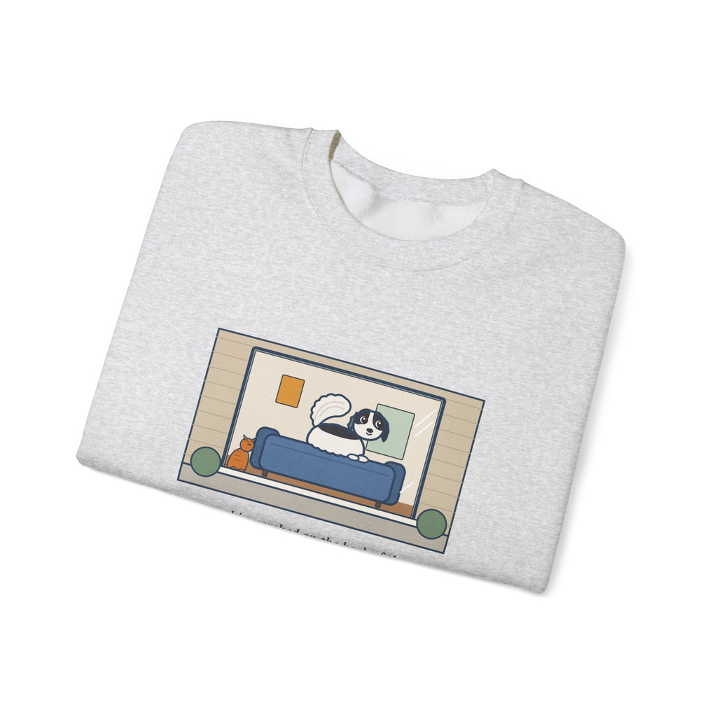 Japanese Chin Sweatshirt, Perched on the Back of the Couch Like a Cat, Watching the Street, Funny Window Lookout Crewneck