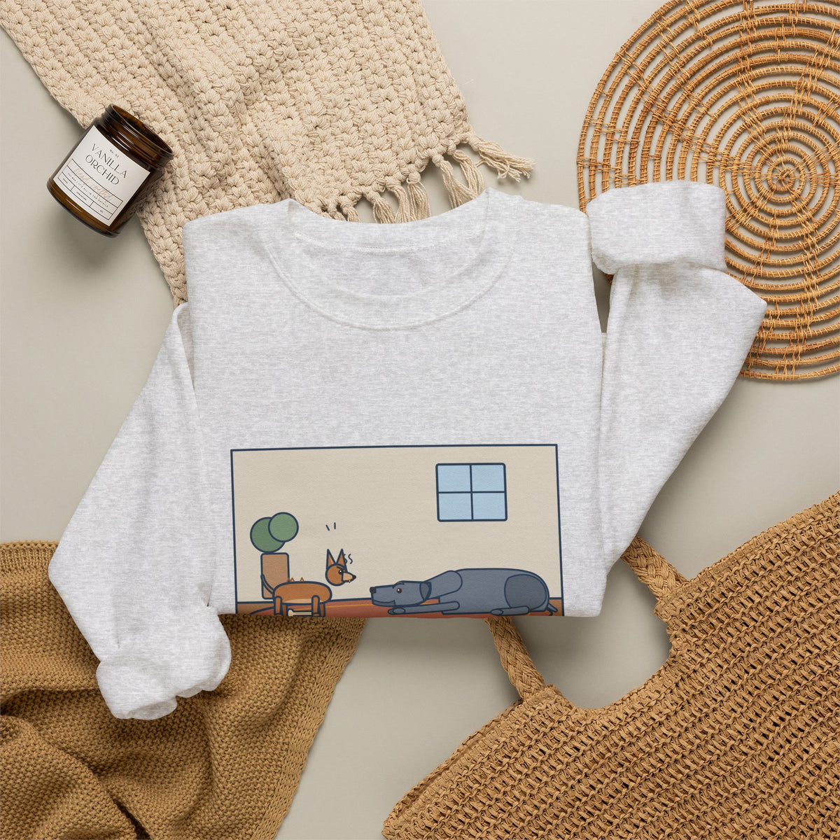 Chiweenie Sweatshirt, Ten Pounds, Guarded His Chew from a Great Dane, Funny Living Room Standoff Crewneck