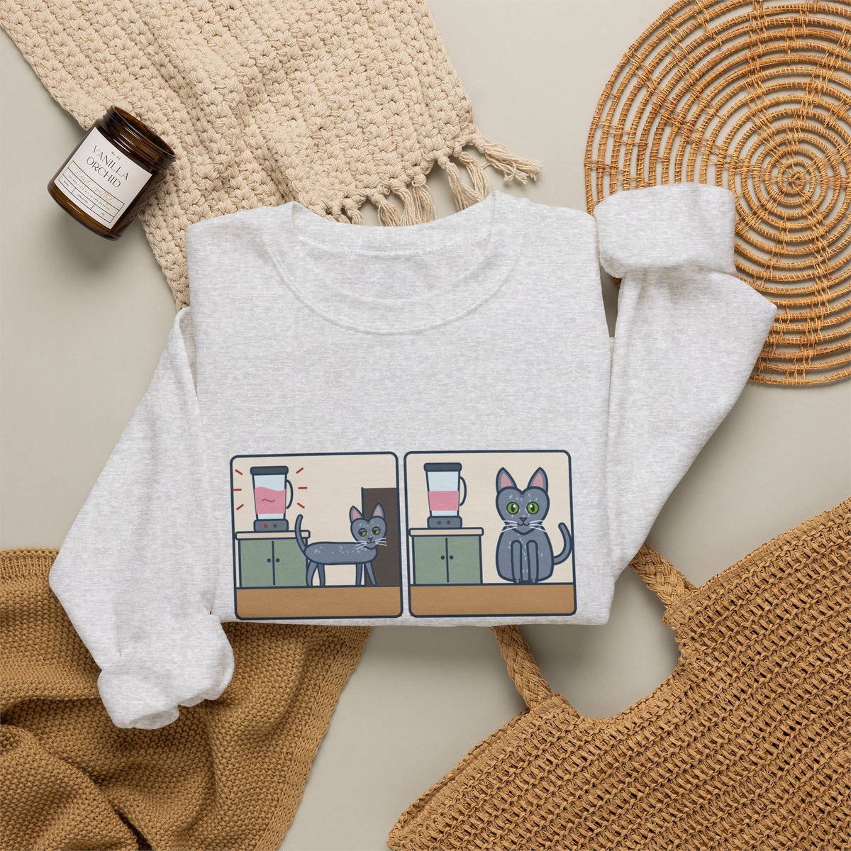 Korat Cat Crewneck Sweatshirt - Left When the Blender Started Silver-Blue Cat Owner Gift