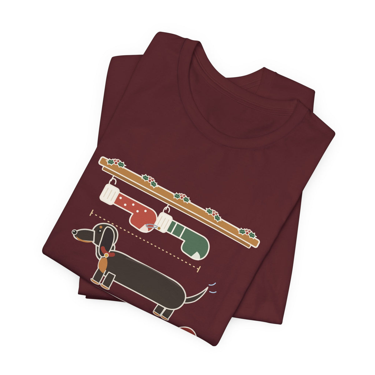 Dachshund Christmas T-Shirt - I Need Two Stockings, End to End Funny Doxie Tee