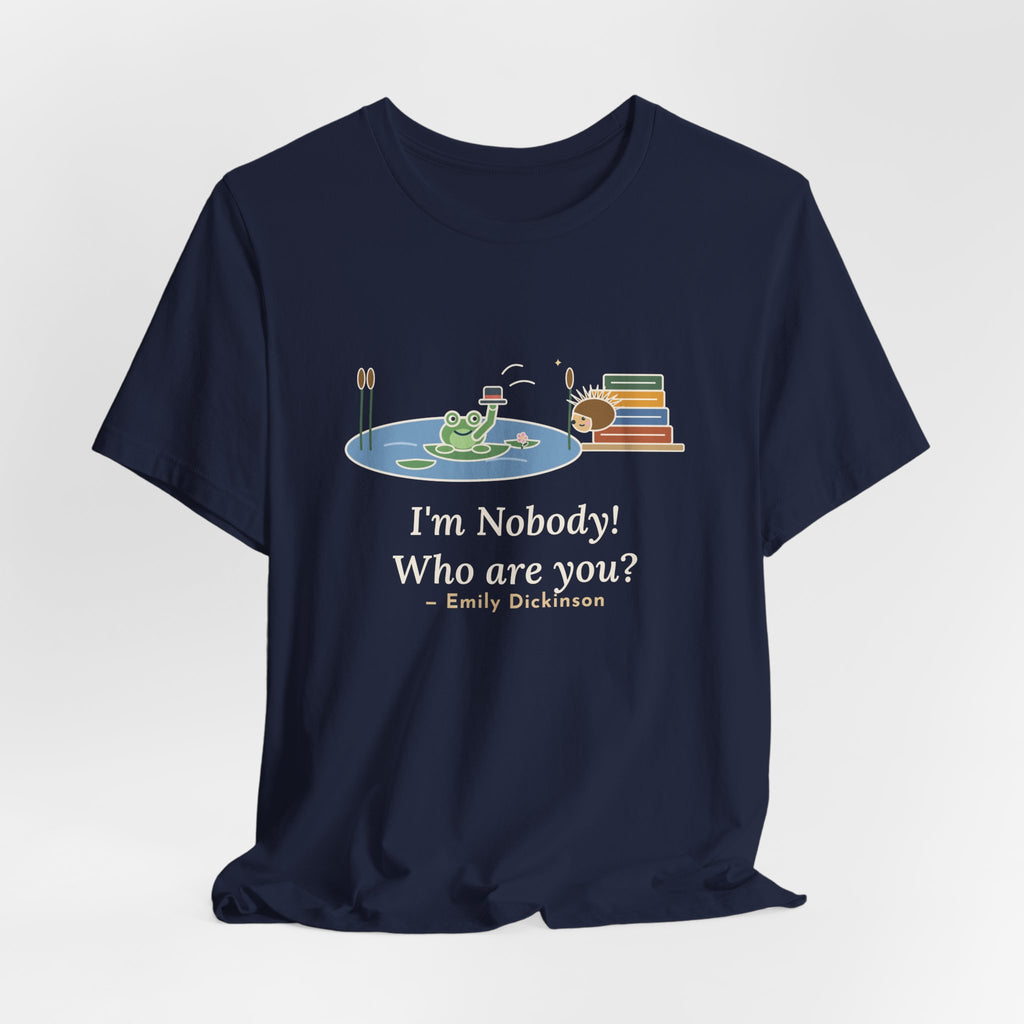 Dickinson Quote T-Shirt, I'm Nobody Poem, Literary Frog and Hedgehog Tee