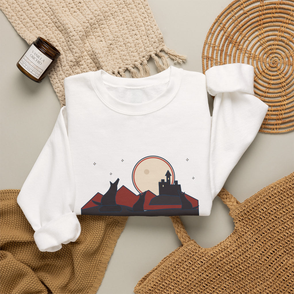 The Children of the Night Sweatshirt, Gothic Bram Stoker Quote Crewneck with Wolves and Red Moon