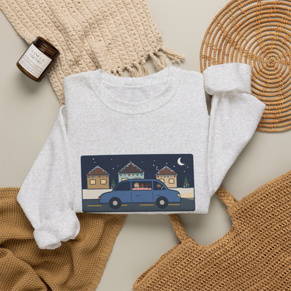 Christmas Lights Sweatshirt, Drove the Kids Around to See Them, All Three Asleep by the Second Street, Funny Night Drive Crewneck