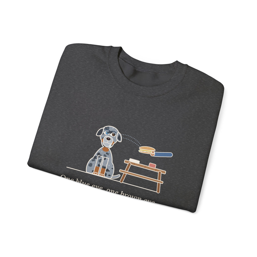Catahoula Leopard Dog Crewneck Sweatshirt - One Blue Eye, One Brown Eye, Both on My Sandwich