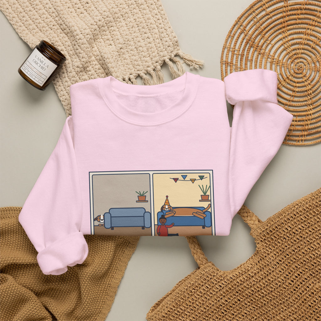 Gotcha Day Sweatshirt, Five Years Ago She Hid Behind the Couch, Now the Couch Is Hers, Funny Then and Now Crewneck