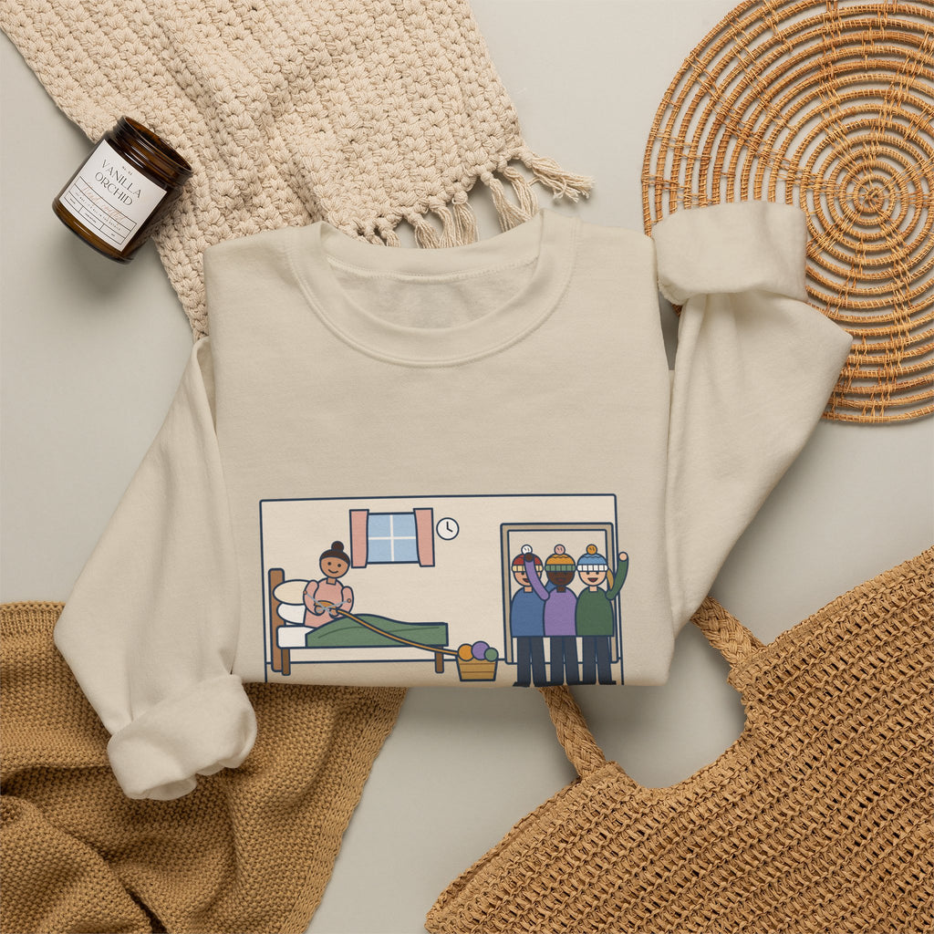 Antepartum Nurse Sweatshirt, Week Five of Bed Rest, She Knitted a Hat for Every Nurse on Day Shift, Funny Knitted Hats Crewneck