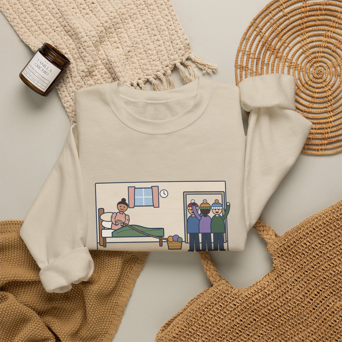 Antepartum Nurse Sweatshirt, Week Five of Bed Rest, She Knitted a Hat for Every Nurse on Day Shift, Funny Knitted Hats Crewneck