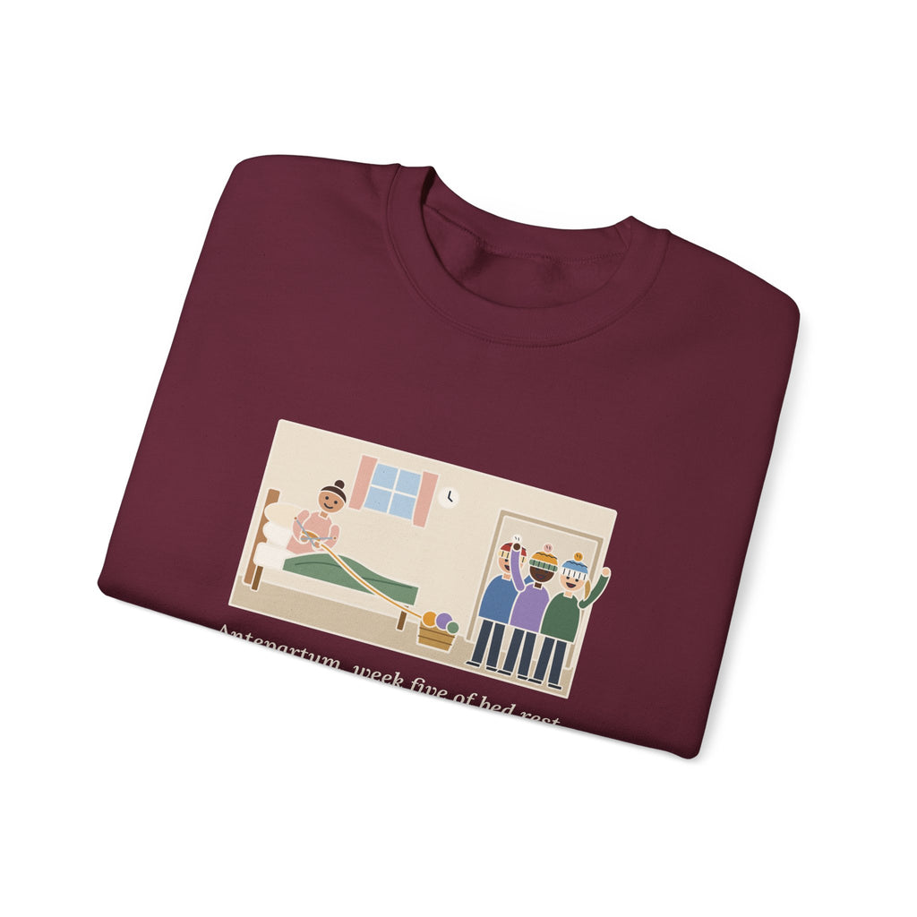 Antepartum Nurse Sweatshirt, Week Five of Bed Rest, She Knitted a Hat for Every Nurse on Day Shift, Funny Knitted Hats Crewneck