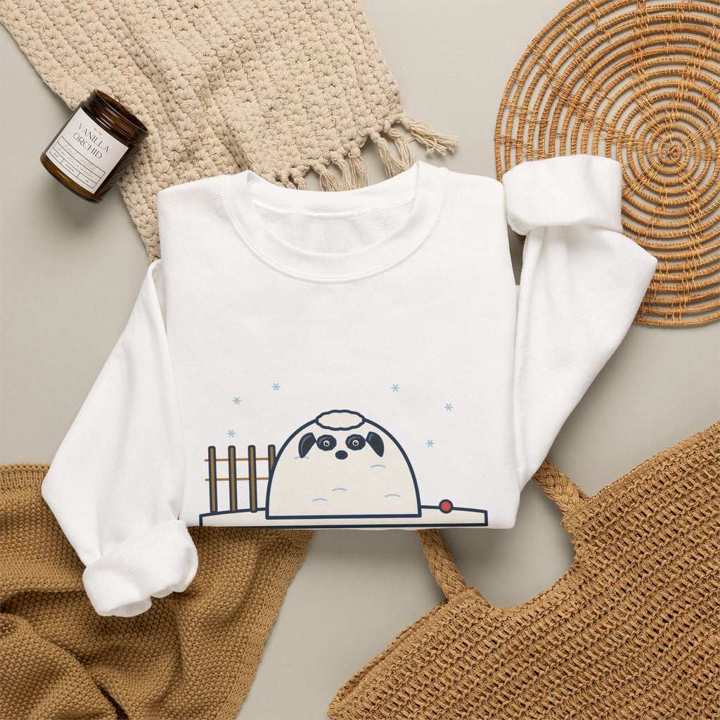 Sheepadoodle Sweatshirt, Sat Down in the Snow and Became a Snowdrift with Eyes, Funny Snowy Yard Crewneck