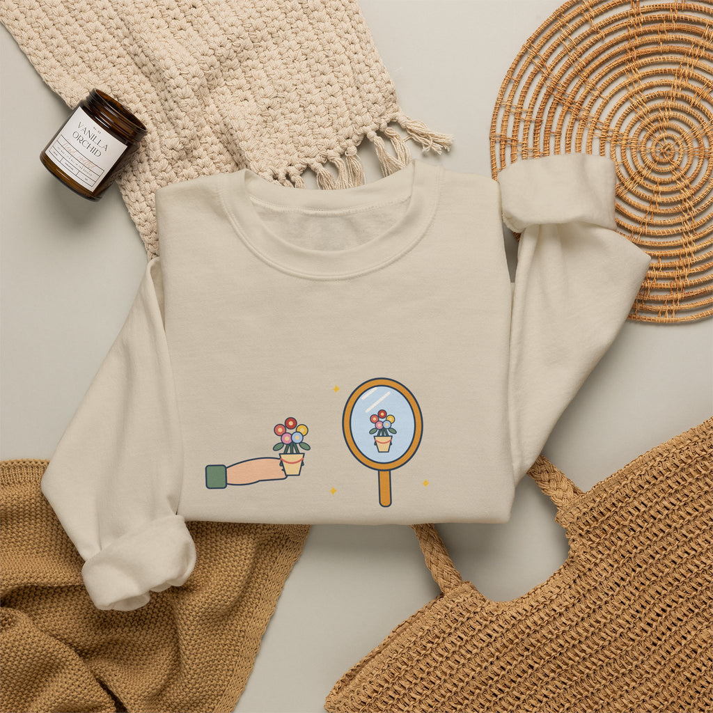 To Love Oneself Is the Beginning of a Life-Long Romance Sweatshirt, Self-Love Oscar Wilde Quote Crewneck with Mirror Bouquet
