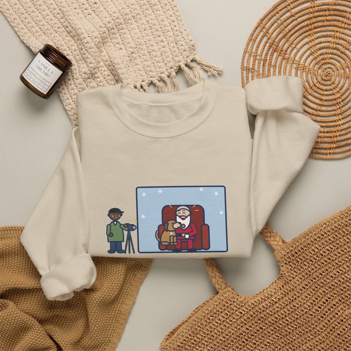 Holiday Photo Sweatshirt, Took the Dog for Photos with the Man in the Red Suit, He Licked the Beard, Funny Photo Set Crewneck