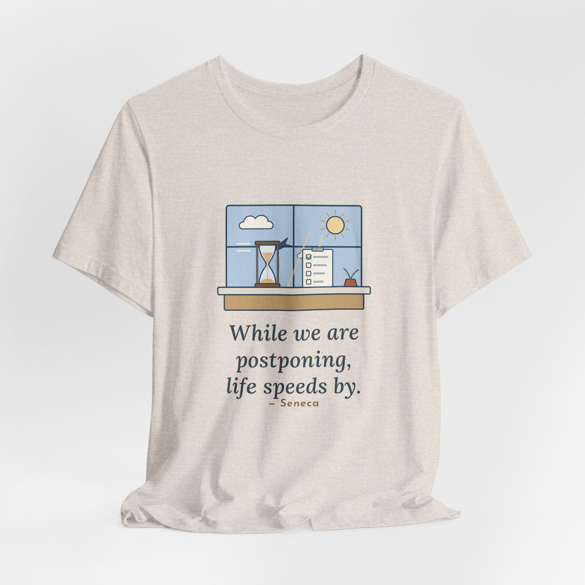 Seneca Quote T-Shirt, While We Are Postponing, Life Speeds By, Stoic Swift Past the Window Tee