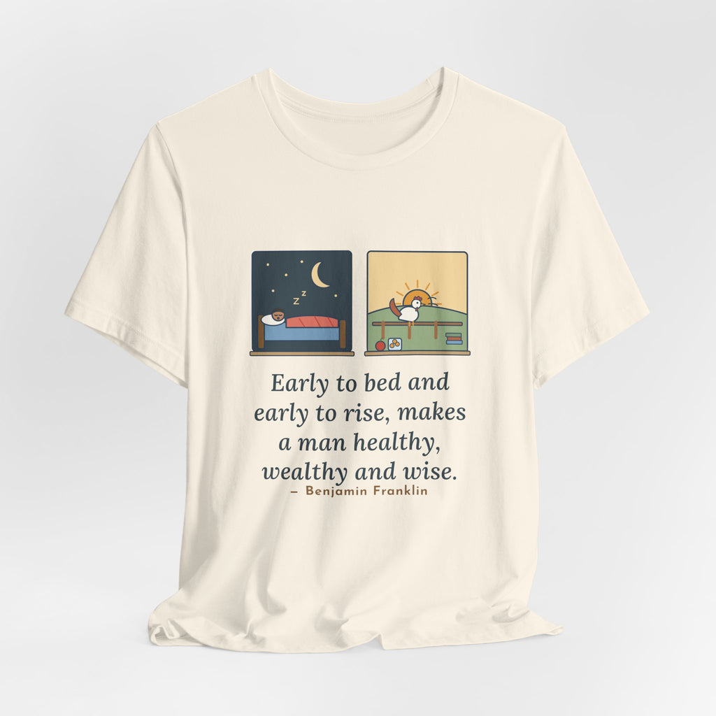 Franklin Wisdom Quote T-Shirt, Early to Bed and Early to Rise, Early Riser Moon and Rooster Tee