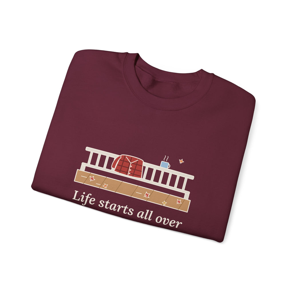 Life Starts All Over Again When It Gets Crisp Sweatshirt, Fall Fitzgerald Quote Crewneck with Porch Morning