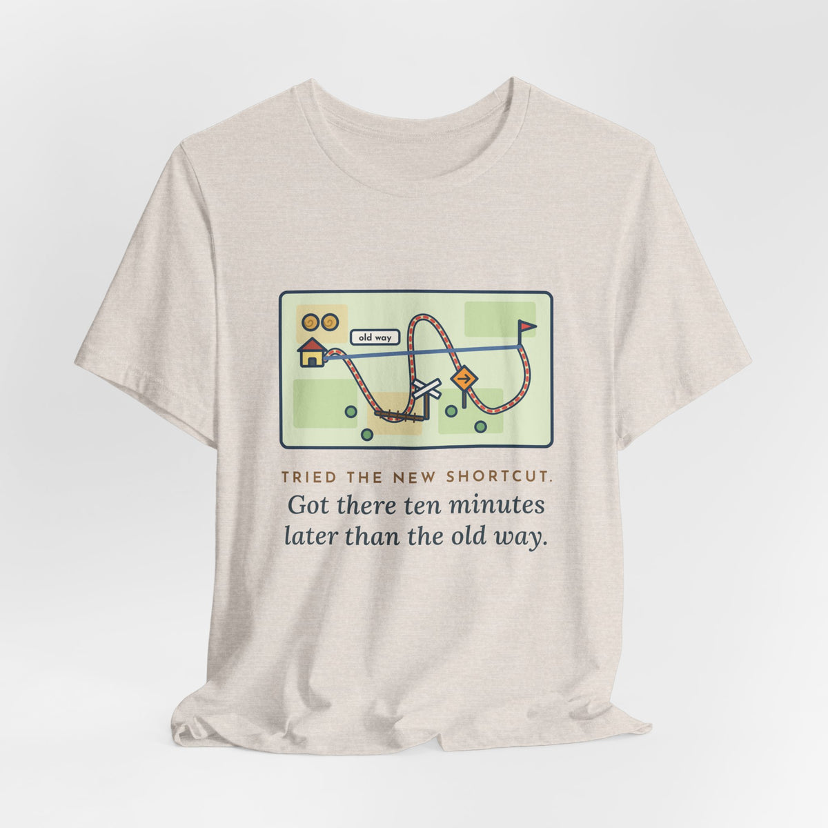 Funny Shortcut T-Shirt, Tried the New One, Got There Ten Minutes Later Than the Old Way, Hand-Drawn Route Tee