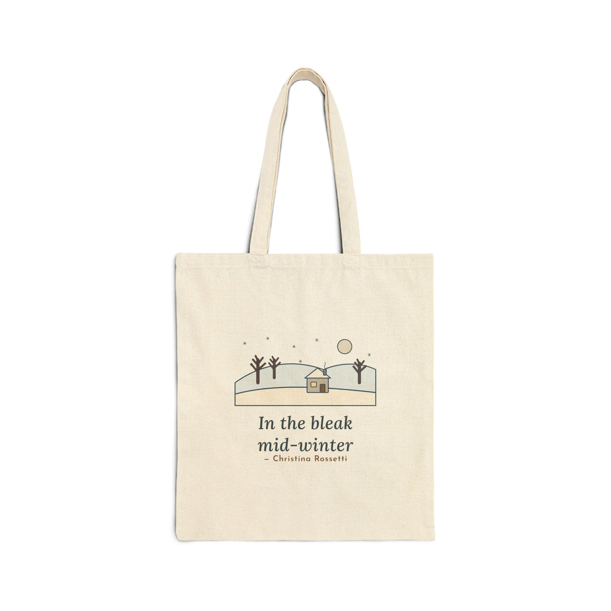 In the Bleak Mid-Winter Tote Bag, Winter Rossetti Quote Tote with Snowy Cottage Hill