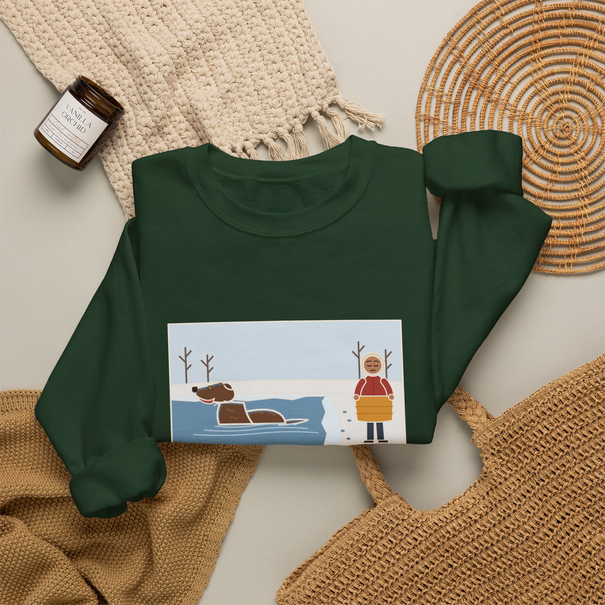 Chesapeake Bay Retriever Sweatshirt, Saw the Lake in January and Went In Anyway, Twice, Funny Winter Lake Crewneck