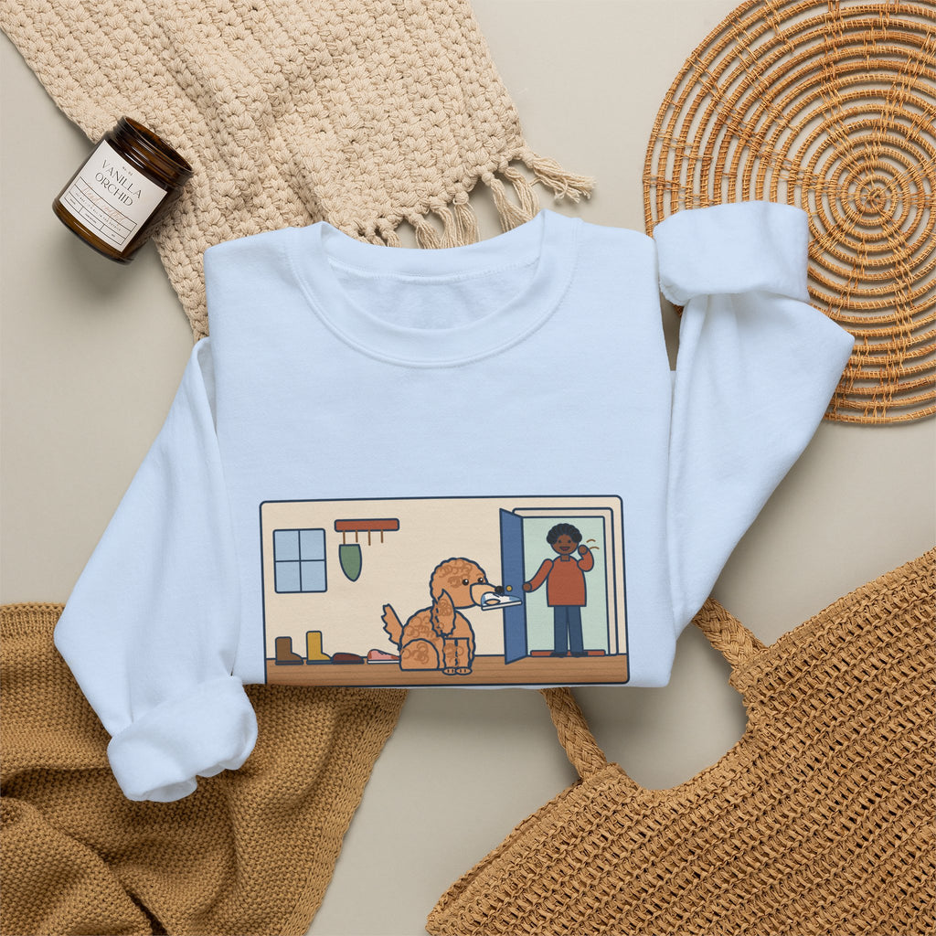 Cockapoo Sweatshirt, Brings One Shoe to Every Guest at the Door, Never the Pair, Funny Front Door Greeting Crewneck