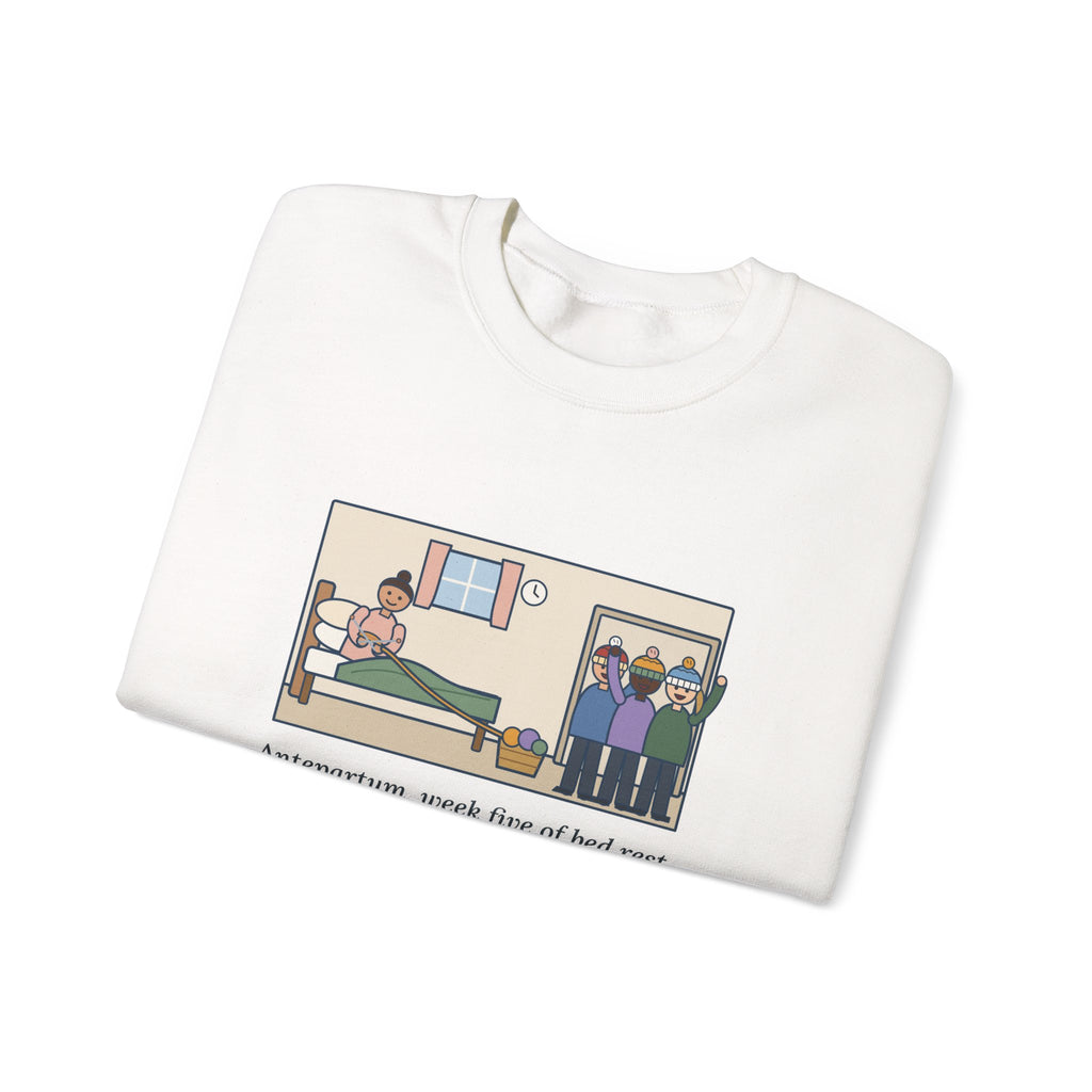 Antepartum Nurse Sweatshirt, Week Five of Bed Rest, She Knitted a Hat for Every Nurse on Day Shift, Funny Knitted Hats Crewneck