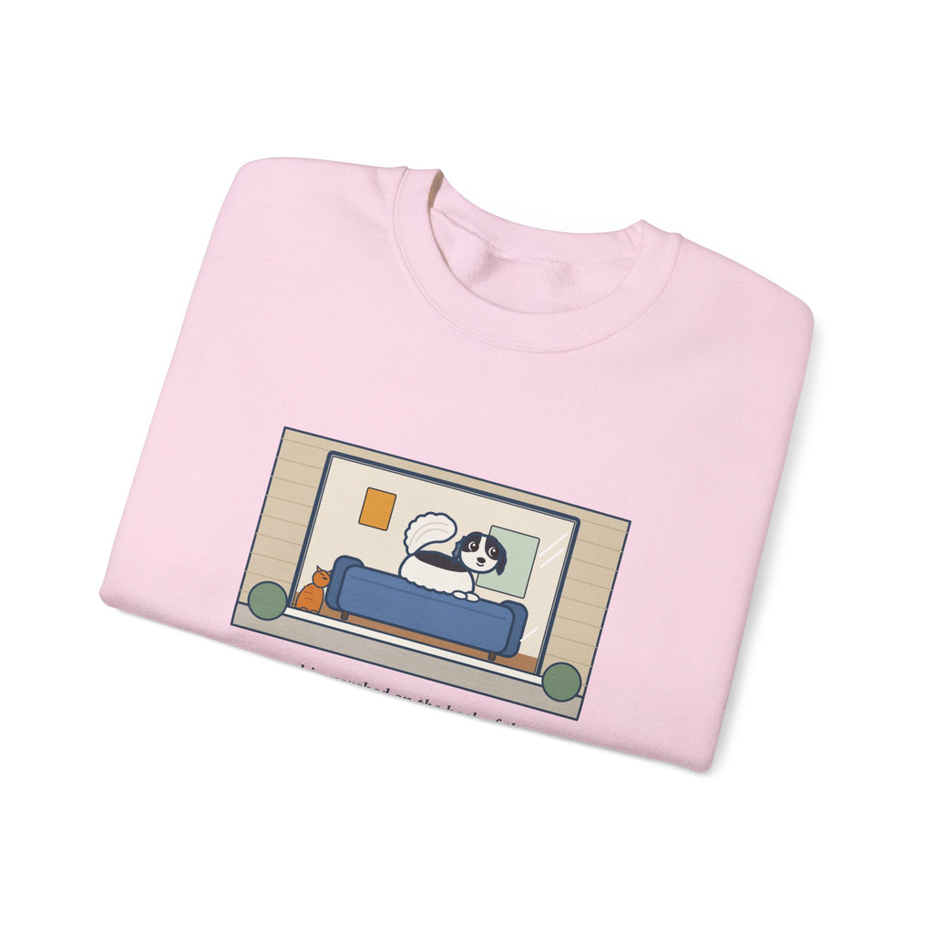 Japanese Chin Sweatshirt, Perched on the Back of the Couch Like a Cat, Watching the Street, Funny Window Lookout Crewneck