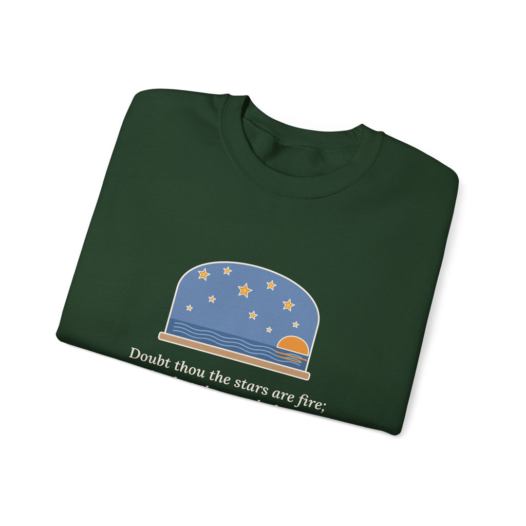 But Never Doubt I Love Sweatshirt, Love Shakespeare Quote Crewneck with Fiery Stars at Sea