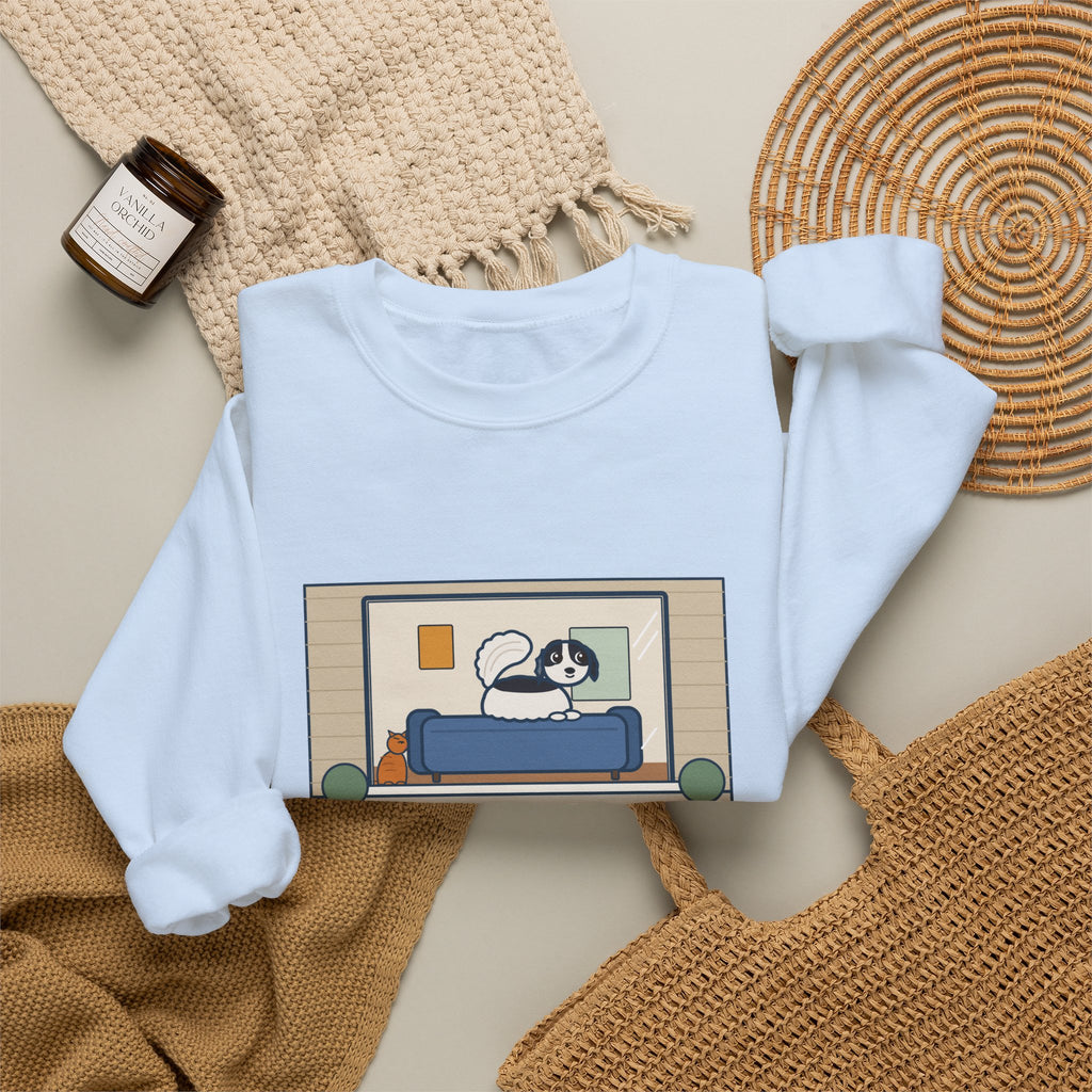 Japanese Chin Sweatshirt, Perched on the Back of the Couch Like a Cat, Watching the Street, Funny Window Lookout Crewneck