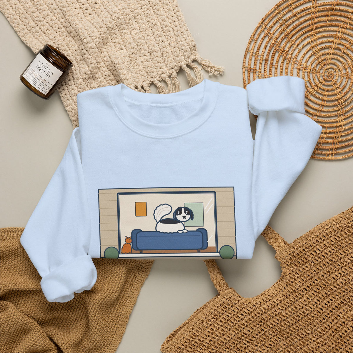 Japanese Chin Sweatshirt, Perched on the Back of the Couch Like a Cat, Watching the Street, Funny Window Lookout Crewneck
