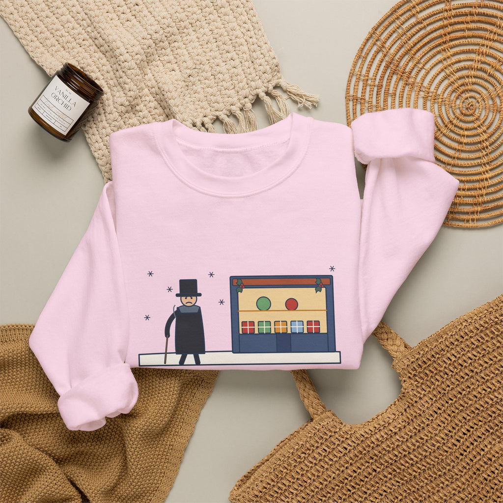 Bah Humbug Sweatshirt, Christmas Dickens Quote Crewneck with Snowy Shop Window