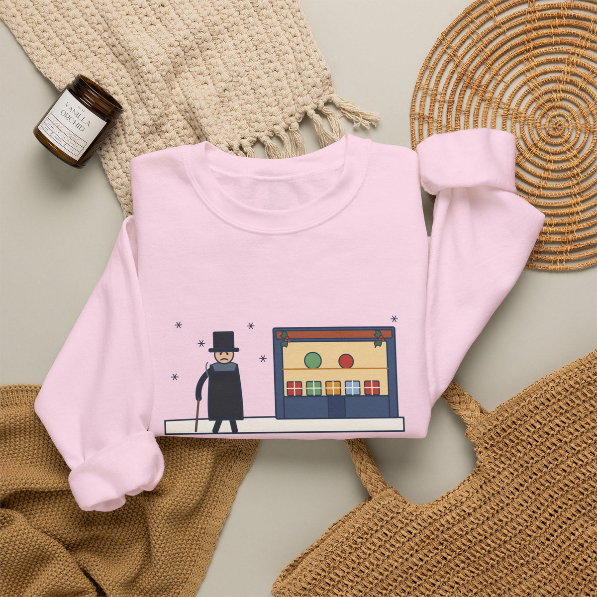 Bah Humbug Sweatshirt, Christmas Dickens Quote Crewneck with Snowy Shop Window