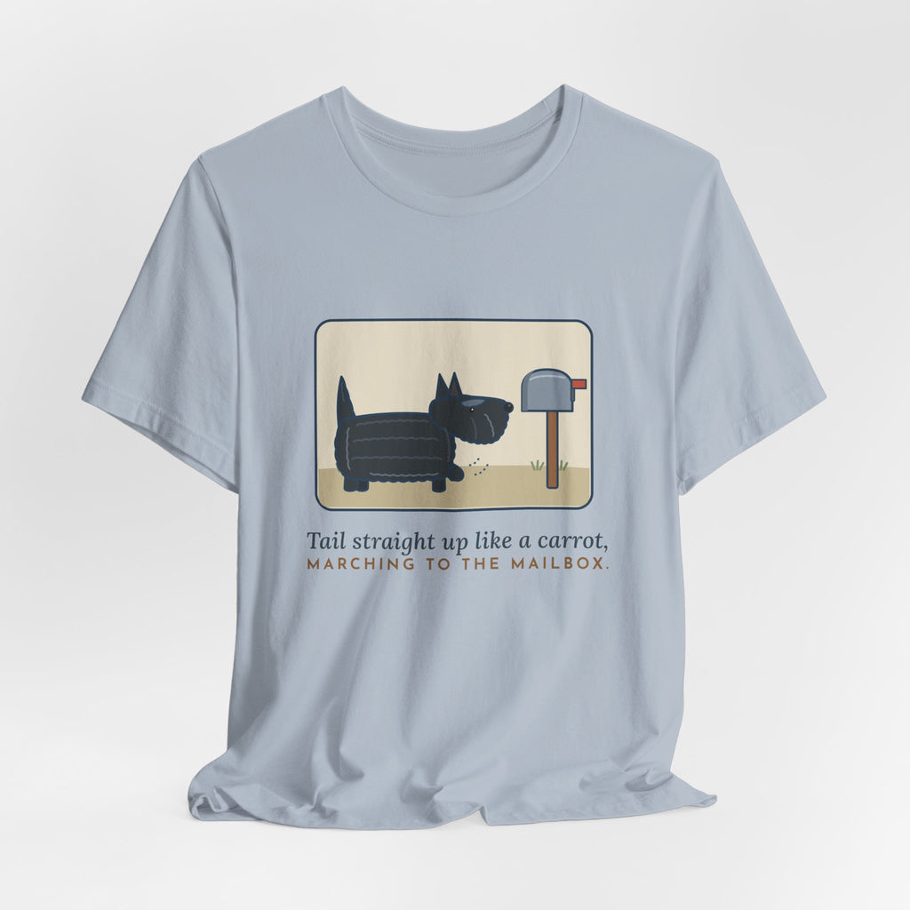 Scottish Terrier T-Shirt - Tail Straight Up Like a Carrot, Marching to the Mailbox Scottie Tee