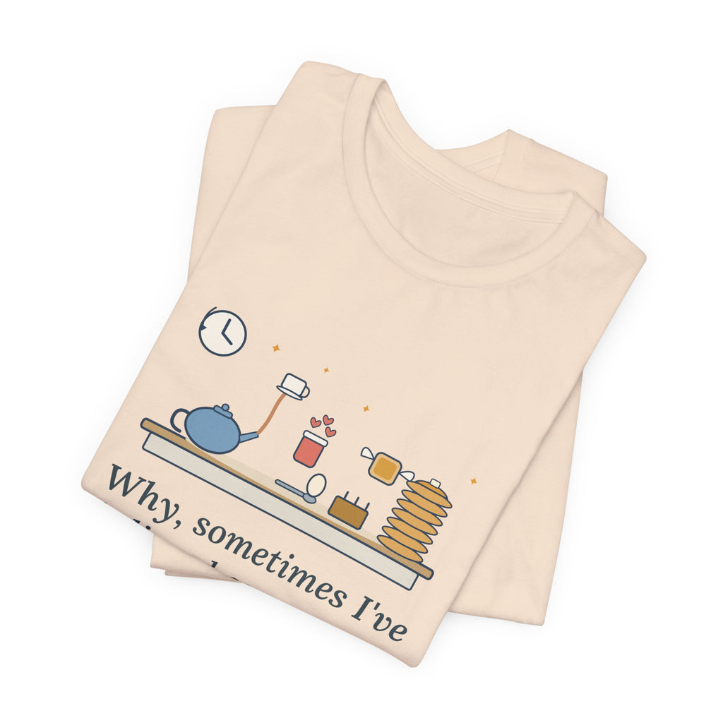 Lewis Carroll Literary Quote T-Shirt, Six Impossible Things Before Breakfast, Whimsical Floating Breakfast Tee