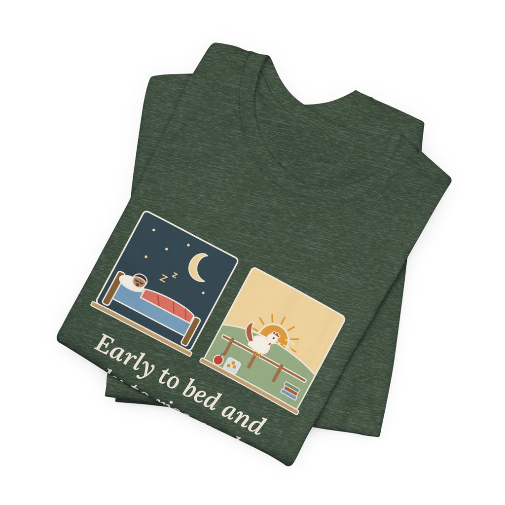 Franklin Wisdom Quote T-Shirt, Early to Bed and Early to Rise, Early Riser Moon and Rooster Tee