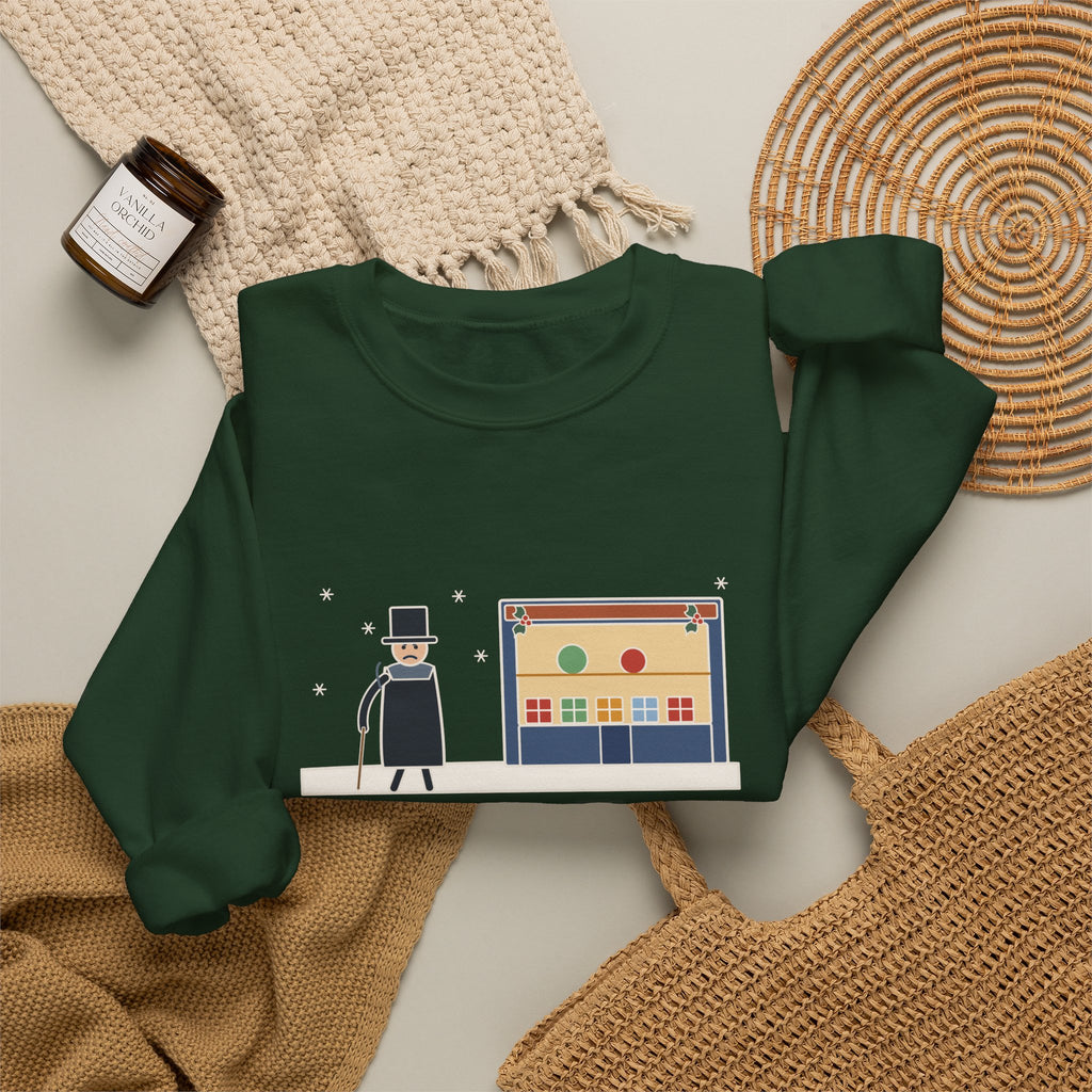 Bah Humbug Sweatshirt, Christmas Dickens Quote Crewneck with Snowy Shop Window