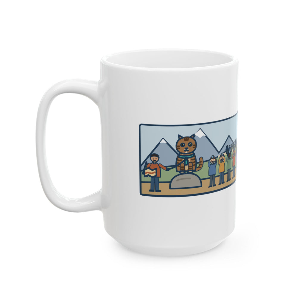 Took Her Up the Trail in Her Harness, Twelve Hikers Stopped for a Photo 15oz Mug, Large Funny Adventure Cat Coffee Mug