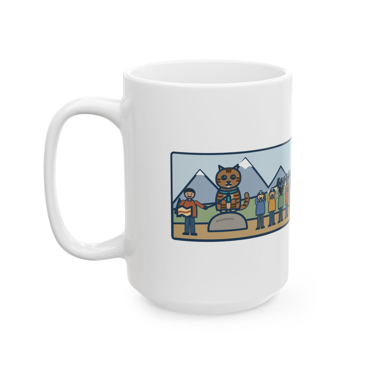 Took Her Up the Trail in Her Harness, Twelve Hikers Stopped for a Photo 15oz Mug, Large Funny Adventure Cat Coffee Mug