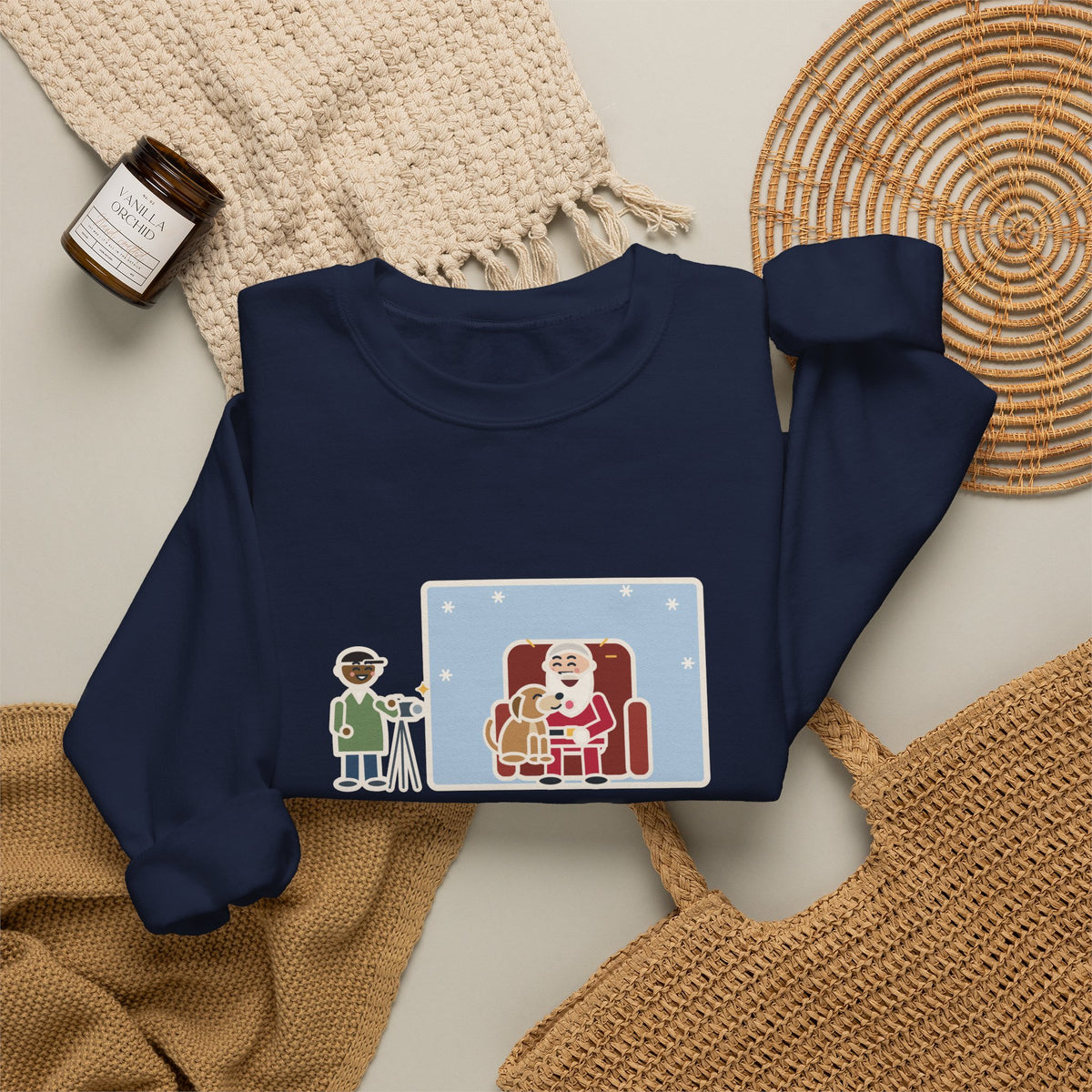 Holiday Photo Sweatshirt, Took the Dog for Photos with the Man in the Red Suit, He Licked the Beard, Funny Photo Set Crewneck