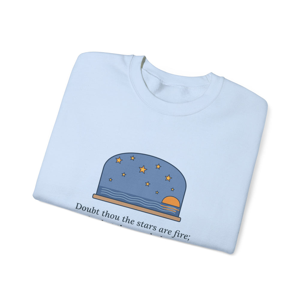 But Never Doubt I Love Sweatshirt, Love Shakespeare Quote Crewneck with Fiery Stars at Sea