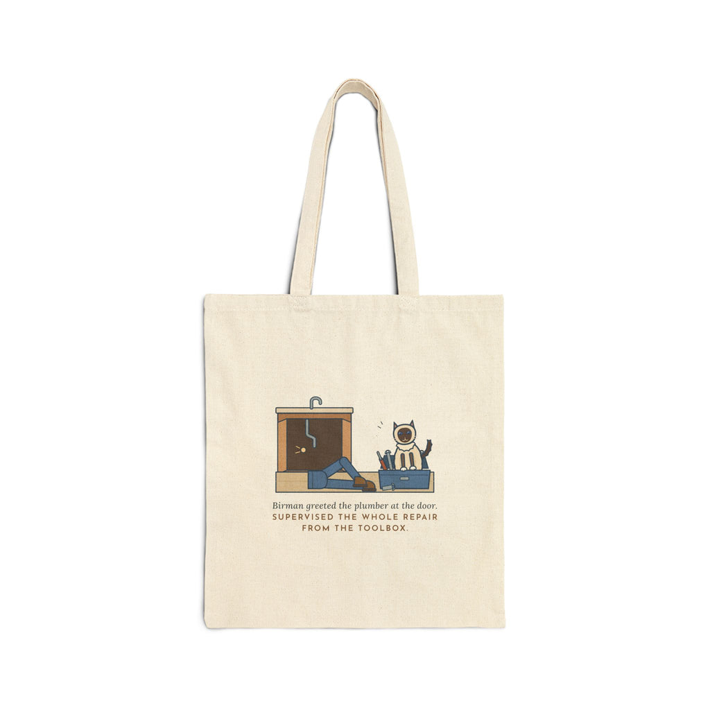 Birman Cat Tote Bag - Blue-Eyed Cat in the Plumber's Toolbox