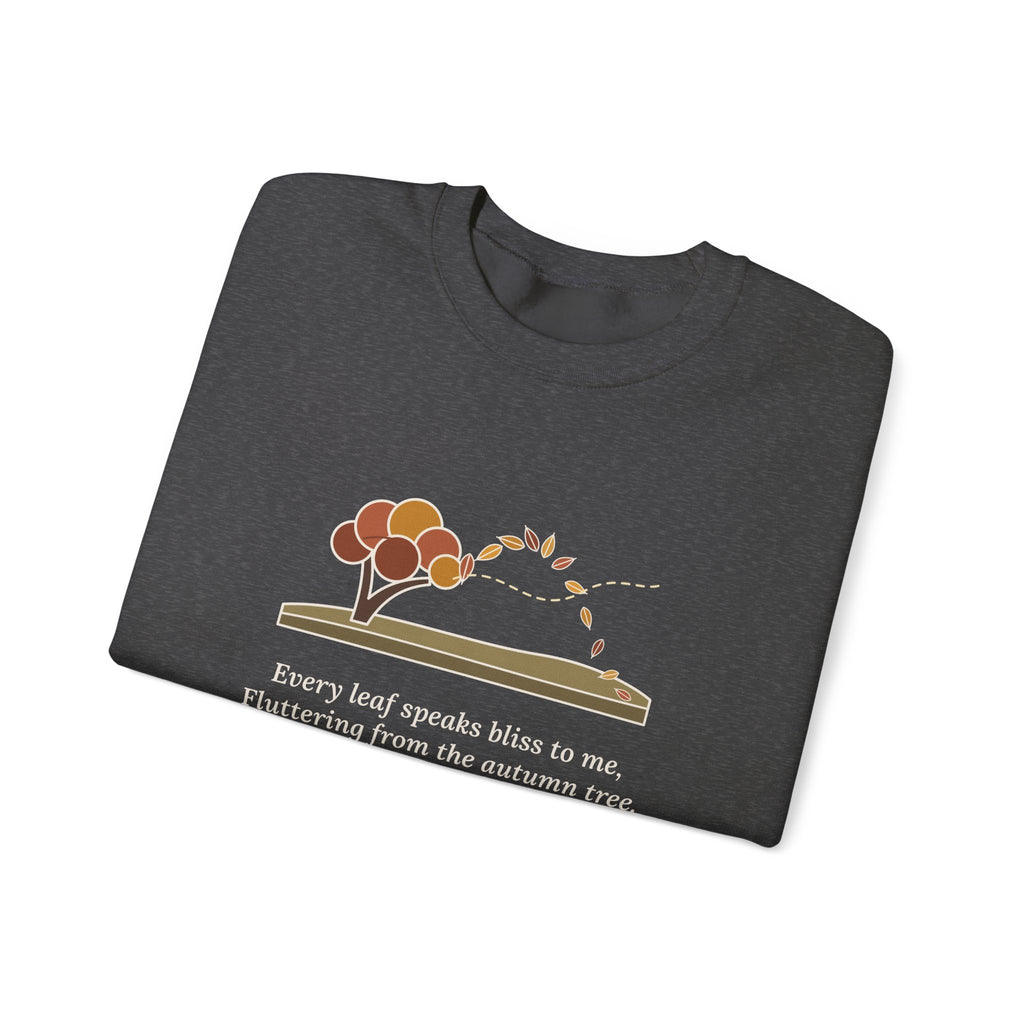 Every Leaf Speaks Bliss to Me Sweatshirt, Autumn Emily Brontë Quote Crewneck with Windswept Moor Tree