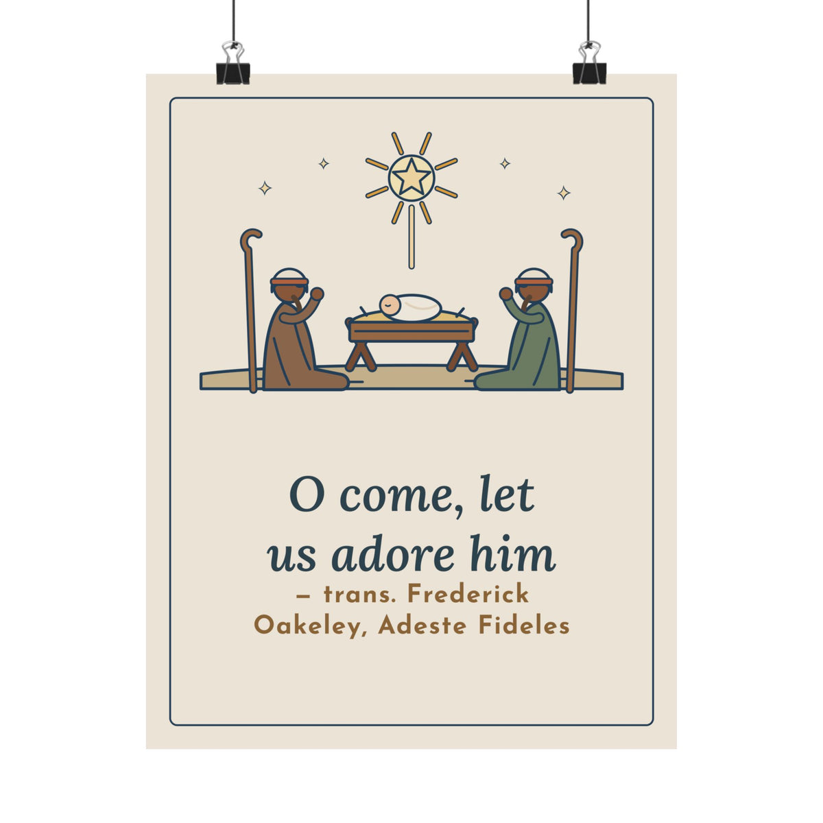 Oakeley Quote Poster, O Come, Let Us Adore him, Christmas Woodcut Manger Wall Art