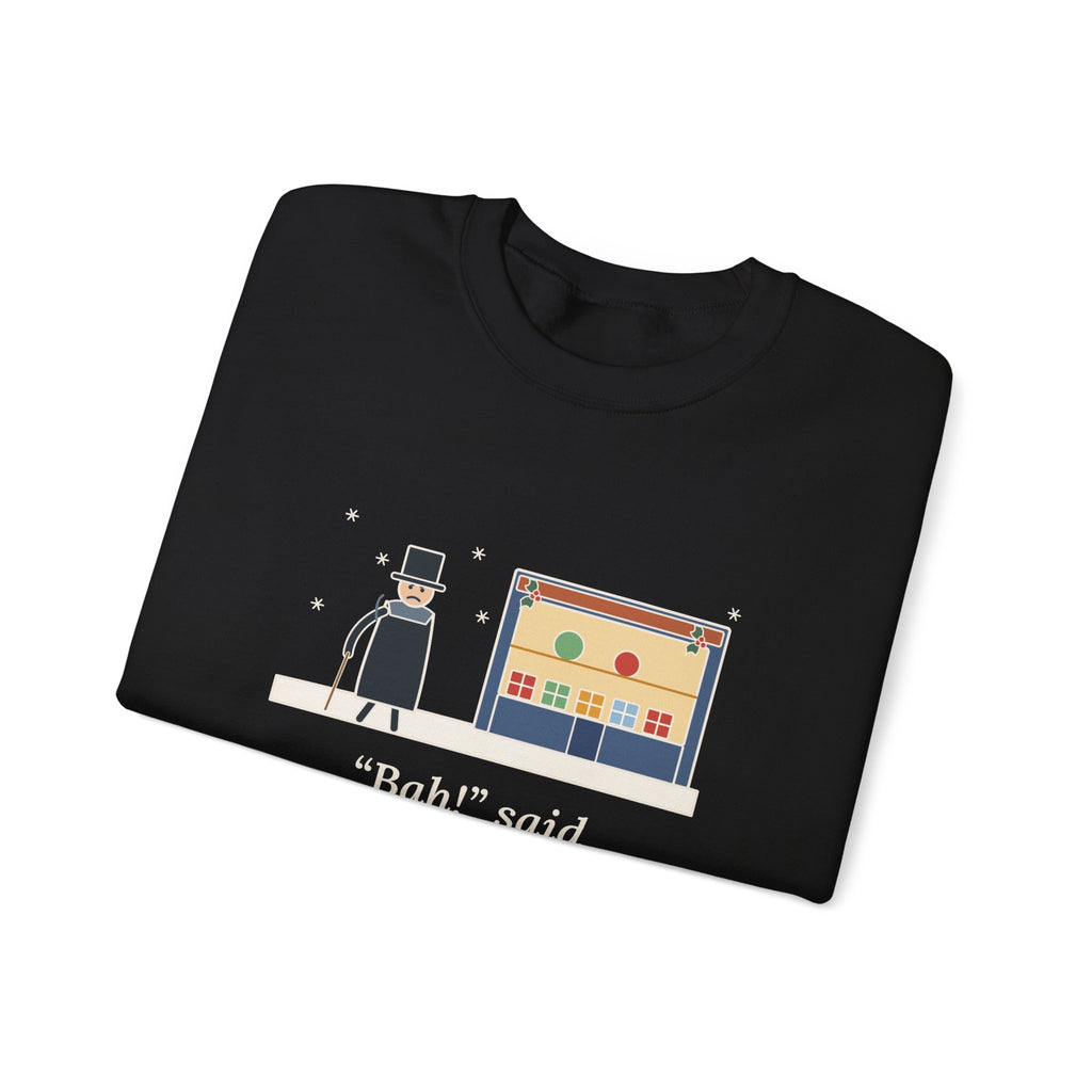 Bah Humbug Sweatshirt, Christmas Dickens Quote Crewneck with Snowy Shop Window