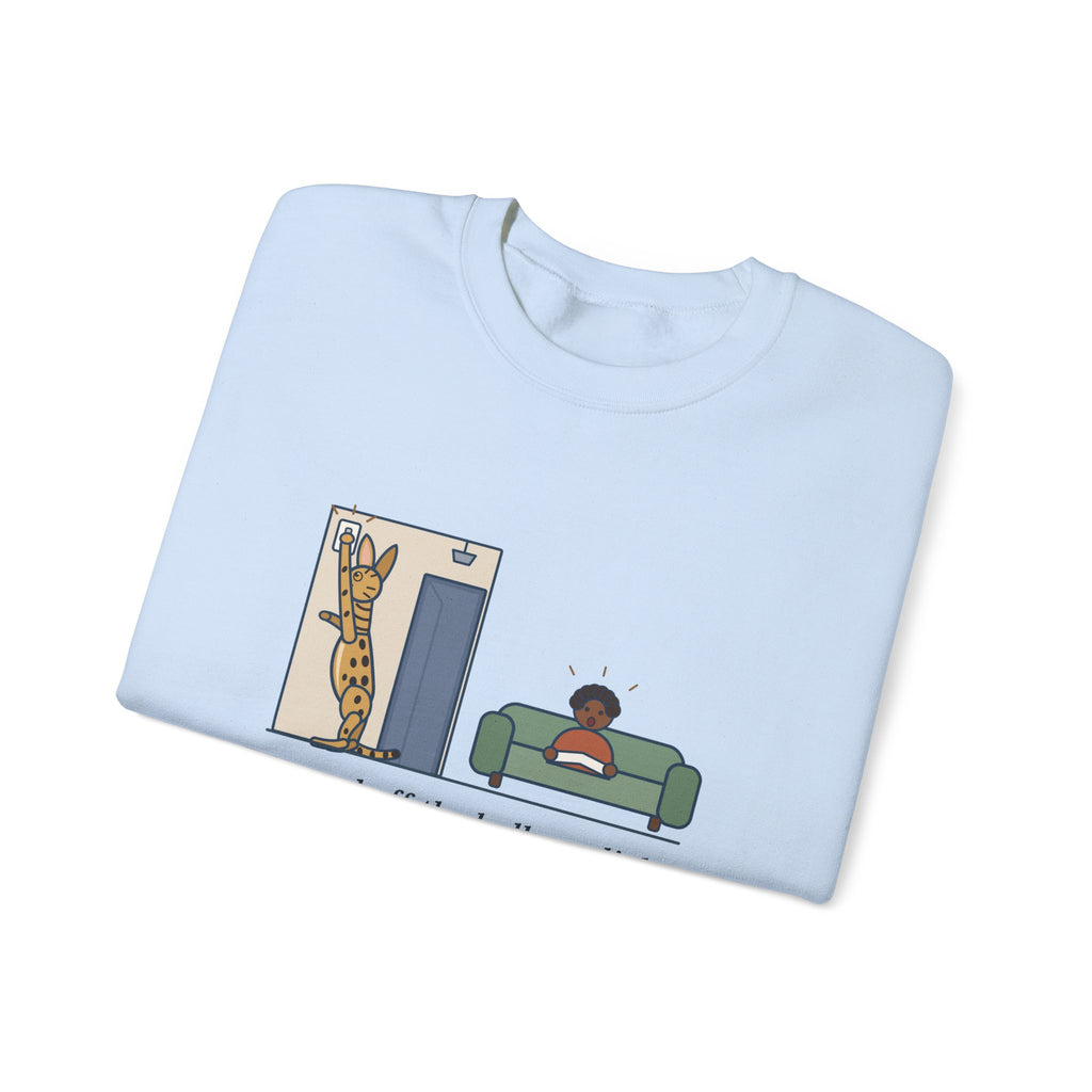 Serengeti Cat Crewneck Sweatshirt - Long-Legged Spotted Cat at the Light Switch